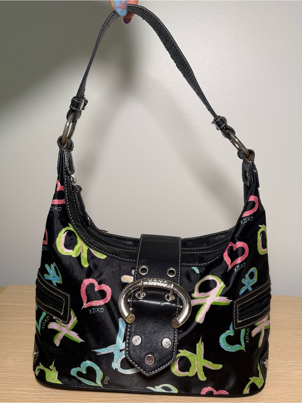 Y2K XOXO Black Shoulder Bag with Colorful Heart & XO Print